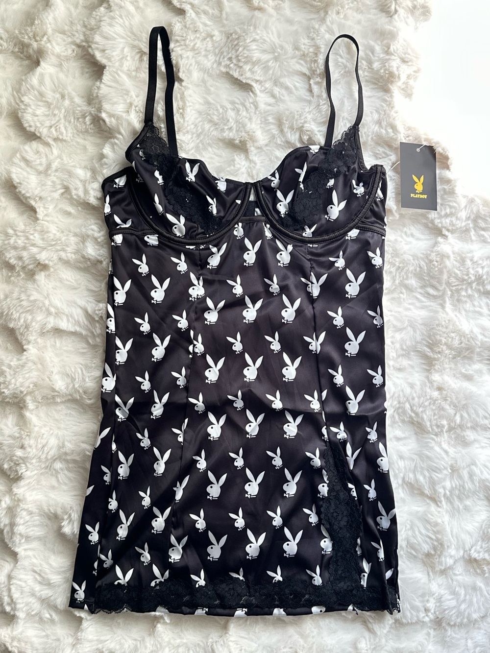 NWT PLAYBOY Sexy Bunny Logo Print Black Satin Essential Stylish Slip Dress